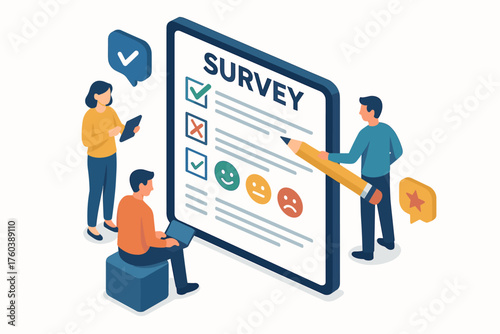 Diverse people engaging in online survey with digital devices and feedback icons