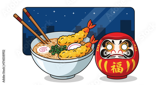 Authentic Japanese Culinary Delights A Steaming Bowl of Ramen with Crispy Tempura Shrimp and a Traditional Daruma Doll, Set Against a City Night
