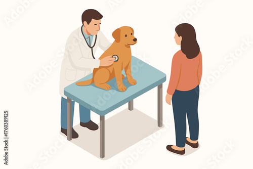 Veterinarian examining dog on table as female owner watches