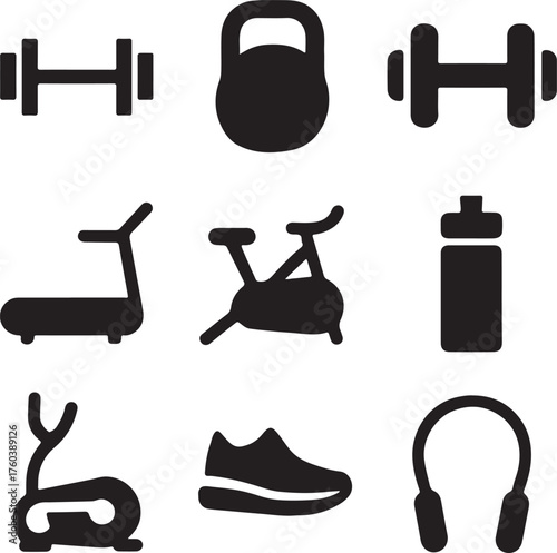 Fitness gym equipment icon pack, exercise and workout concept, vector EPS set for health design.