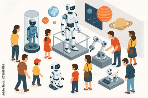 Visitors observing robots in a museum with diverse group and space displays