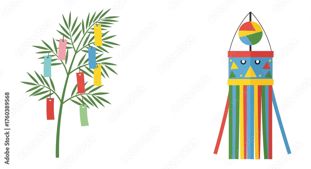 Naklejka premium Bright Cultural Festival Ornaments Illustrated Bamboo Branch Adorned with Colorful Wish Papers and a Playful Festive Streamer