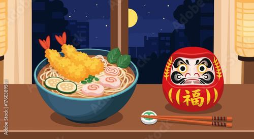Noodles with Tempura, Daruma Doll, and Night City View Illustration