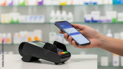 Smartphone near pos terminal for contactless nfc pay at drugstore counter, mobile wallet checkout in retail shop, cashless transaction.