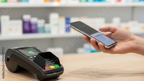Contactless nfc payment with smartphone at retail checkout, hand taps to pay on pos terminal in pharmacy store, cashless purchase.