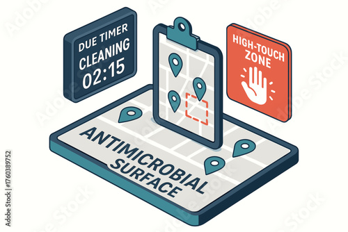 Antimicrobial surface illustration with cleaning timer and high-touch zone icons