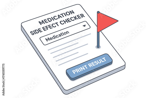 Medication side effect checker interface with print option and flag indicator