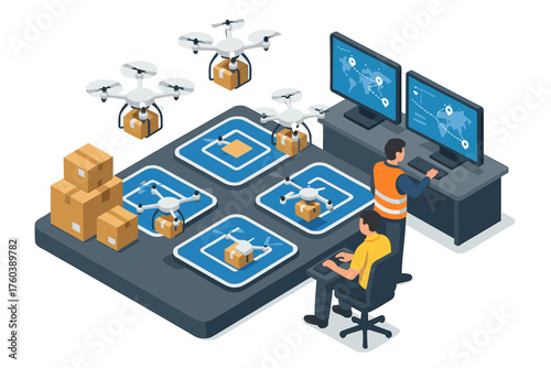 Drone delivery system with operators and control screens in logistics center