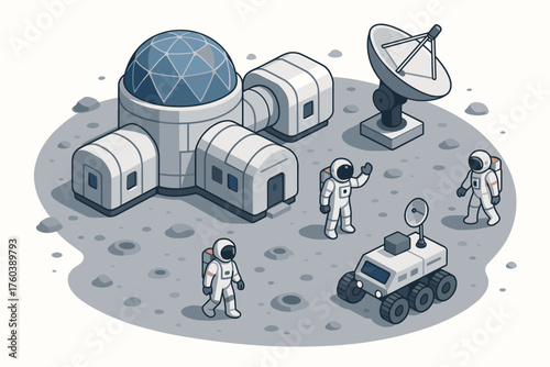 Astronauts exploring lunar base with rover and satellite dish on the moon