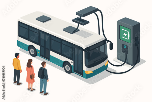 Electric bus charging station with diverse adults and children waiting in line