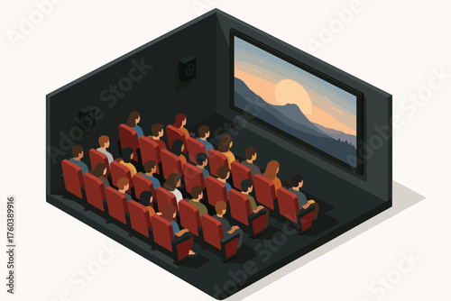 Isometric movie theater with audience watching scenic mountain sunset