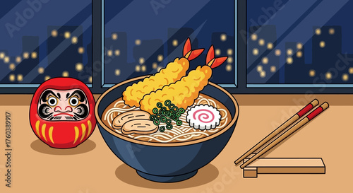Traditional Japanese Noodle Soup with Crispy Tempura Shrimp and Daruma Doll at Night City View