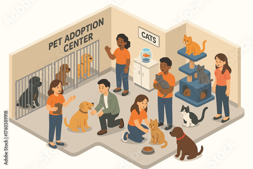 Diverse young adults and pets at animal adoption center