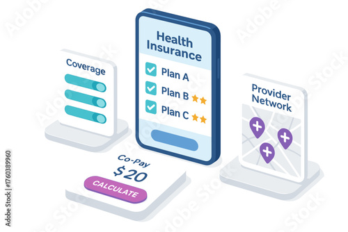 Health insurance options displayed with coverage, co-pay, and provider network details