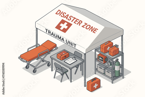 Disaster zone trauma unit tent with medical equipment and emergency supplies