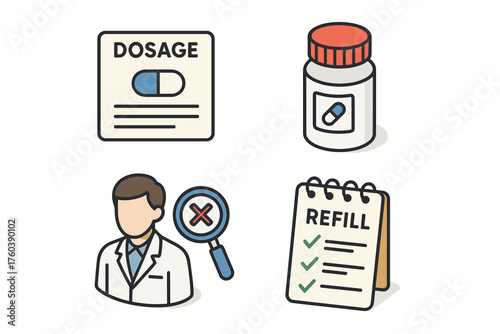 Medication dosage and refill icons with doctor consultation graphics