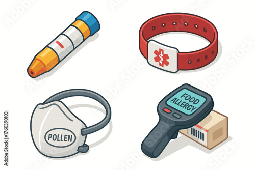Allergy management items including epipen, medical alert bracelet, pollen mask, allergy test device
