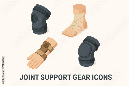 Set of joint support gear icons: knee brace, ankle wrap, wrist support