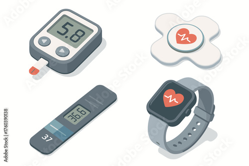 Modern health monitoring devices: glucometer, thermometer, heart rate sensor, smartwatch