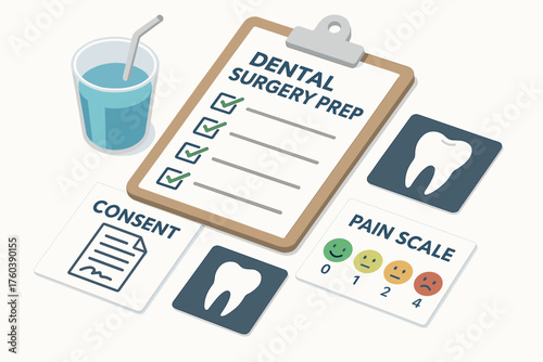 Dental surgery preparation checklist with consent form and pain scale icons