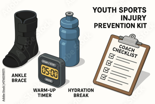 Youth sports injury prevention kit with ankle brace, timer, water bottle, and coach checklist