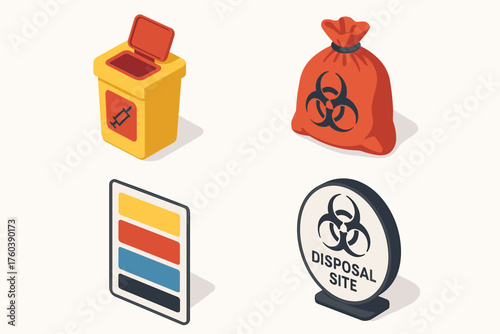 Medical waste disposal: bin, bag, color code, and disposal site signage