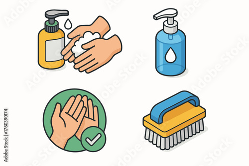 Hand hygiene essentials: soap, sanitizer, washing, and cleaning brush