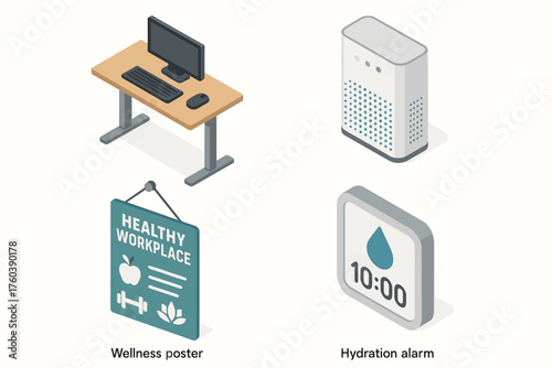 Isometric office essentials: desk, air purifier, wellness poster, hydration alarm