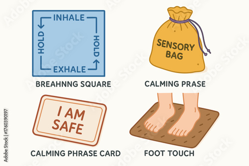 Calming strategies for stress relief: breathing, sensory bag, calming phrase, foot touch