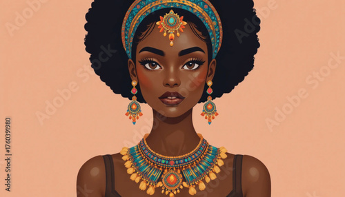 Elegant African woman wearing traditional jewelry, cute expression, colorful flat vector design Ai Generate 