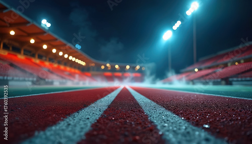 Empty stadium track at night. White lines mark lanes on ground. Stands are visible in distance. Floodlights illuminate venue. Competition or training setting at sports arena with fog.