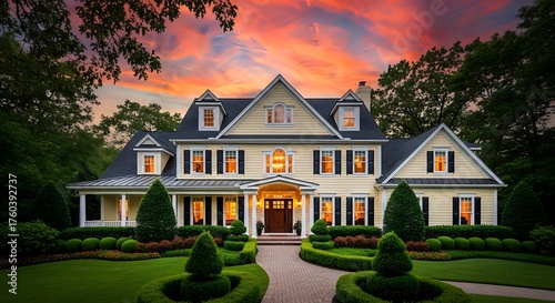 Fototapeta Naklejka Na Ścianę i Meble -  Beautiful luxury home with vibrant sunset sky and landscaped front yard