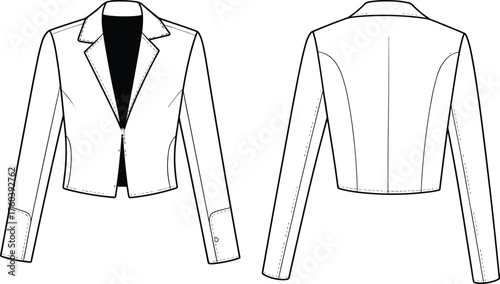 Women's cropped blazer jacket fashion sketch, front and back view, technical garment design, vector template, cad drawing flat vector illustration