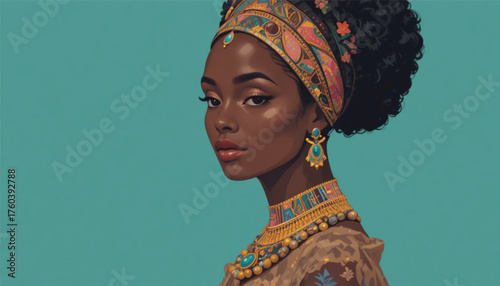 Elegant African woman wearing traditional jewelry, cute expression, colorful flat vector design Ai Generate 