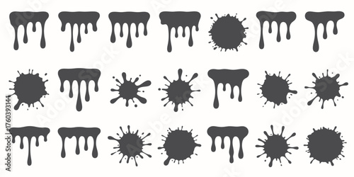 Collection of dripping paint and splatters in various shapes and sizes perfect for graphic design elements artistic backgrounds and creative projects with a modern and abstract feel for designers