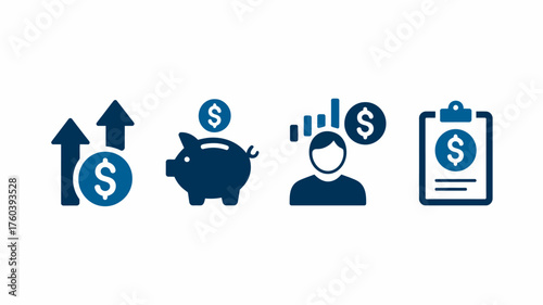 Financial growth and savings concept featuring dollar signs piggy bank investment charts and a financial report on a clipboard in a modern blue and white design