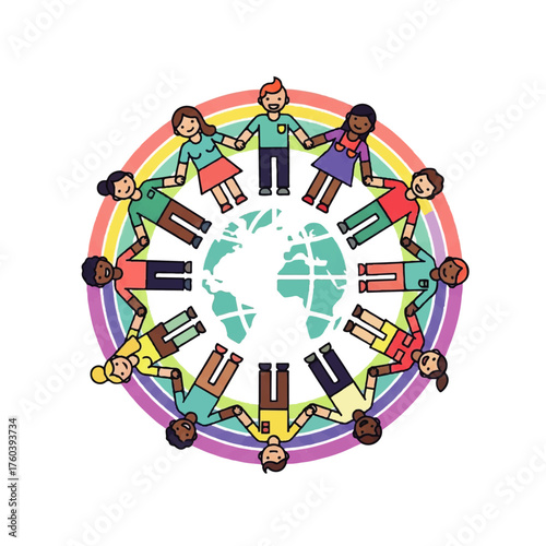 United diverse people holding hands around the globe, symbolizing peace, unity, and harmony. A vibrant illustration of global connection, community, and acceptance
