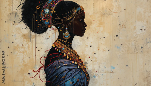 Abstract African woman silhouette with tribal jewelry, gradient colors, elegant line art, decorative fashion concept Ai Generate 