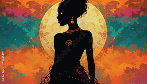 Abstract African woman silhouette with tribal jewelry, gradient colors, elegant line art, decorative fashion concept Ai Generate 