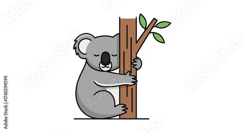Adorable cartoon koala hugging a tree trunk with closed eyes.