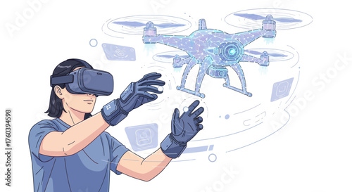 Woman wearing VR headset controlling a holographic drone with gloved hands.