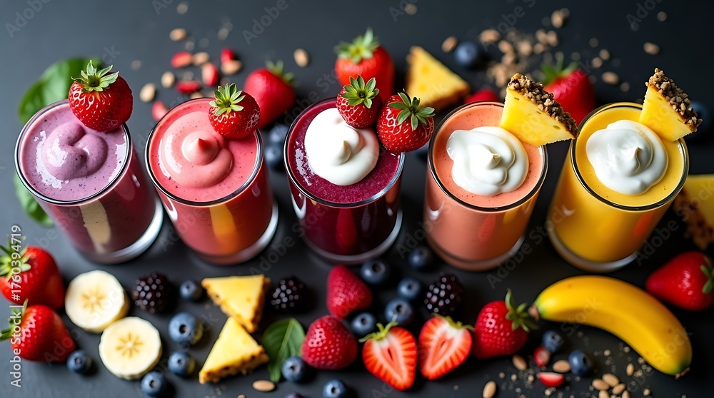 Fototapeta premium Colorful Fruit Smoothies – Vibrant Glass Display with Whipped Cream, Fresh Garnish, and Healthy Ingredients