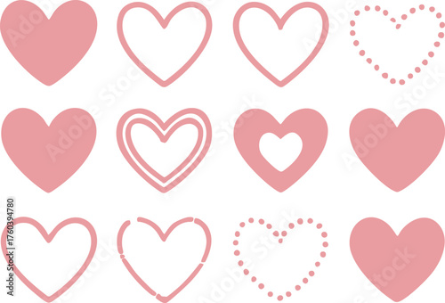Love vector pattern with pink outlined and filled hearts in rows and columns