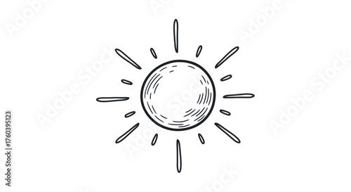 Hand-Drawn Sun with Rays Black and White Illustration.