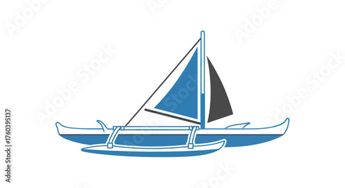 Traditional Outrigger Canoe with Blue Sails.