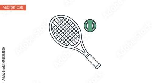 Simple Line Art Tennis Racket and Ball Icon.