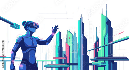 Futuristic Woman Interacting with Virtual Cityscape in VR Headset.