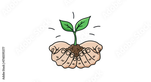 Hands cradling a small green seedling with soil and radiating light.