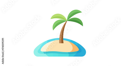 A simple cartoon illustration of a small deserted tropical island with a single palm tree.