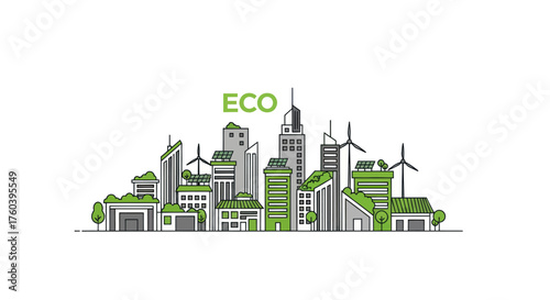 Green Eco City Skyline with Wind Turbines and Lush Vegetation.